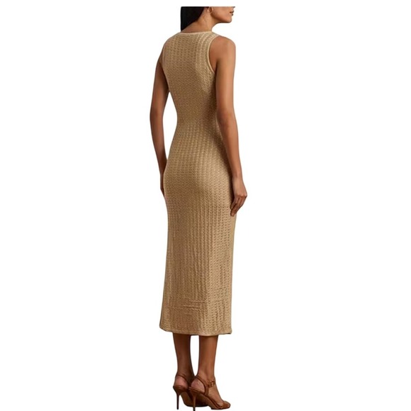 Lauren Ralph Lauren NWT SZ XL Gold Knit Sleeveless Maxi Dress Side Slits Ribbed - Picture 4 of 16